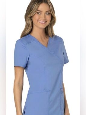 NWT Cherokee Scrub Top for Women Mock Wrap with 3 Pockets Size Small - Ceil Blue